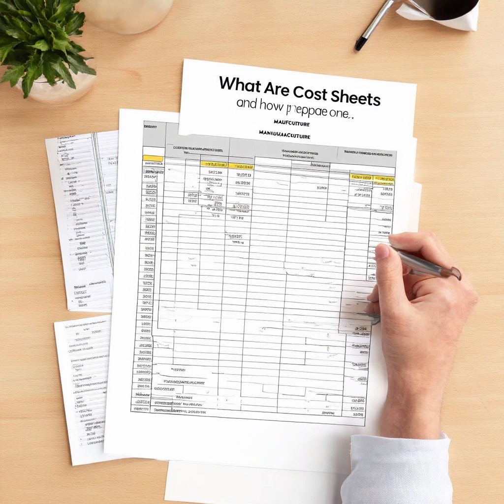 Close-up of accountant preparing cost sheet on paper and laptop.